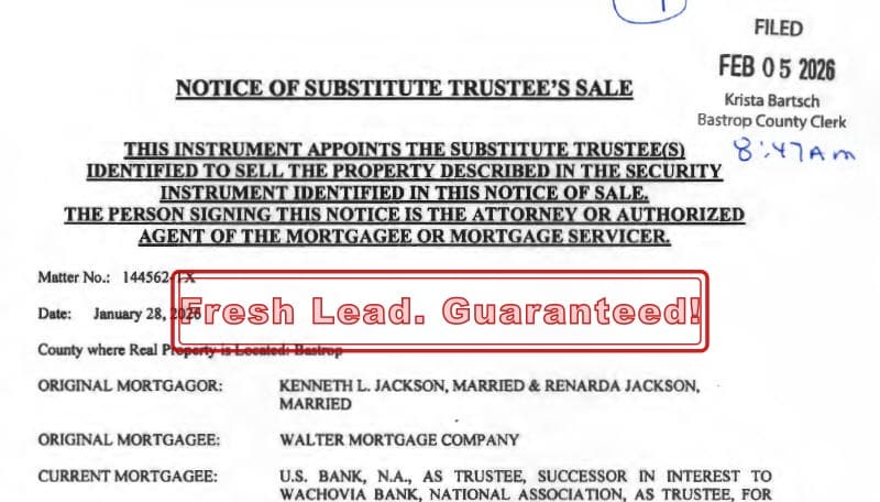 Sample foreclosure notice stamped Fresh Lead. Guaranteed!